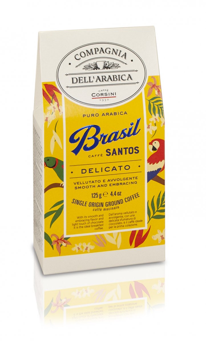 Kawa Compagnia Mielona Dellarabica Brasil (125g) - słodka kawa z Brazylii. Niska kwasowość, nuty czekolady. Idealna do espresso i kawy czarnej.