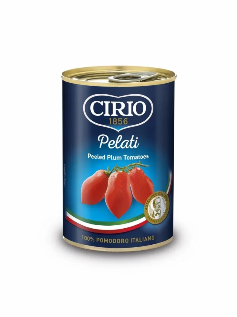 Cirio Pomidory bez skórki (400g) - dojrzałe, mięsiste pomidory bez skóry. Pełny, naturalny smak. Idealne do sosów, zup i dań kuchni włoskiej.