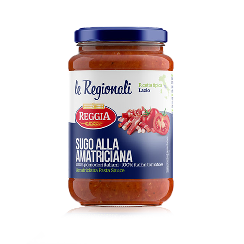 Sos Amatriciana (pomidorowy z boczkiem) Reggia (350g) - pomidory, boczek, pikantny smak. Idealny do spaghetti, bucatini, rigatoni.