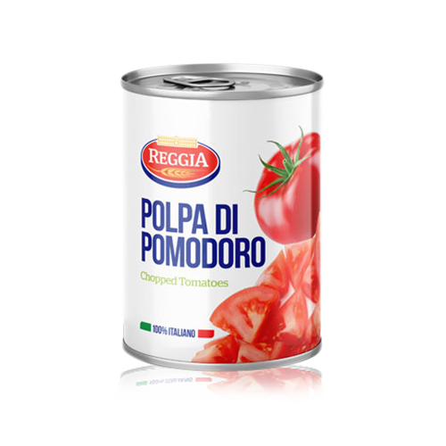 Pomidory włoskie Krojone Reggia (400g) - soczyste kawałki, gęsty sok, idealne do sosów, zup, makaronu i pizzy. Bez konserwantów.