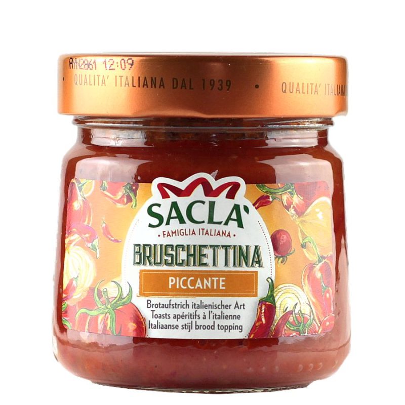 Sacla Bruschettina Pomod. Pepero (190g) - Pikantna pasta z pomidorów z papryczką chili. Idealna do kanapek, krakersów, grissini, chipsów i mięsa.