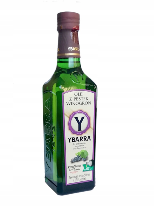 Olej z Pestek Winogron (500ml) YBARRA - naturalny, bogaty w witaminy i antyoksydanty. Idealny do smażenia, sałatek, marynat i pieczenia.