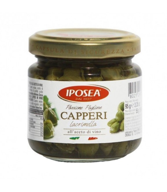 Kapary Ocet/Lacrim (95g) IPOSEA - małe, zielone kapary w aromatycznej zalewie. Idealne do sosów, sałatek, pizzy, makaronów i dań rybnych.