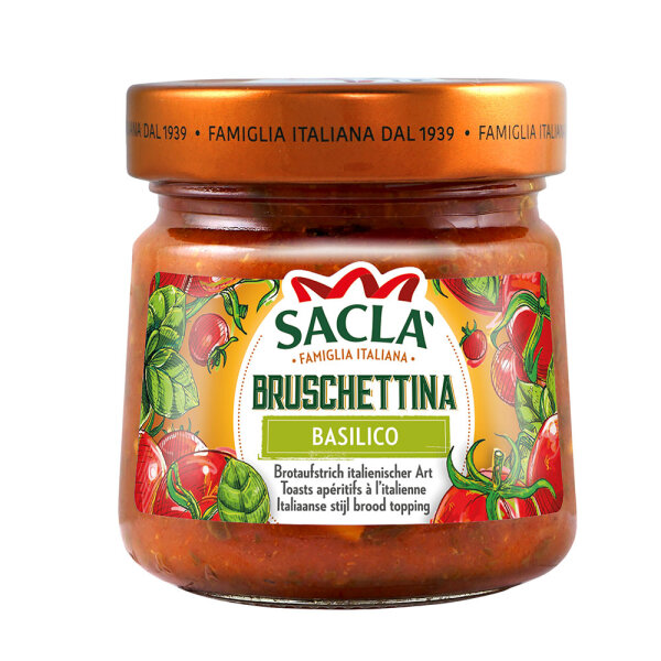 Bruschettina Pomodoro Basilico SACLA (190g) - pomidorowa pasta z bazylią, czosnkiem, cebulą i serem Grana Padano. Idealna do kanapek, pizzy.