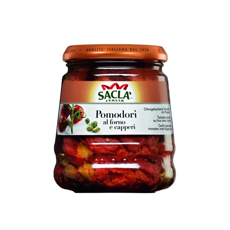 Pomidory Zapiekane CZOS.KAPARY SACLA (285g) - soczyste pomidory śliwkowe zapiekane w piecu z czosnkiem i kaparami.