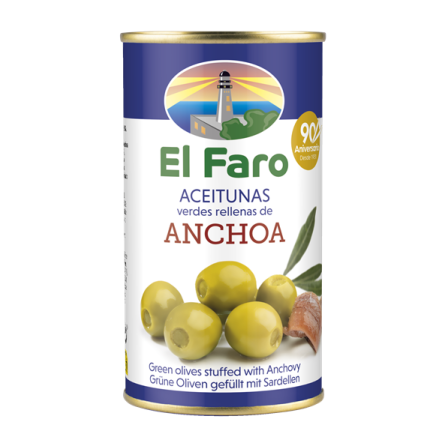 Oliwki Zielone Anchois (350g) EL FARO - idealne jako przekąska do wina, drinka lub piwa. Doskonały dodatek do sałatek, pizzy i desek serów.