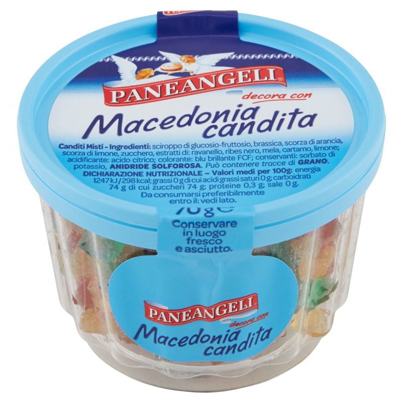 Paneangeli Macedonia Candita 70g - Soczyste owoce, bogaty smak i aromat. Doskonała do ciast, deserów, lodów i sałatek. Może zawierać alergeny.