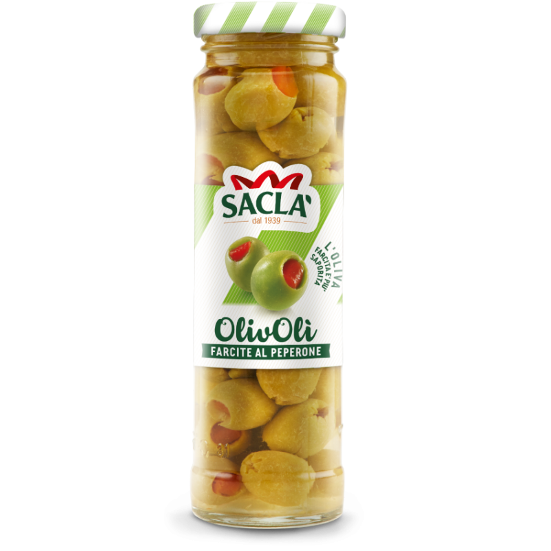 Zielone Oliwki Faszerowane Sacla (140g) - intensywny smak i aromat. Idealne do sałatek, antipasti i przekąsek.
