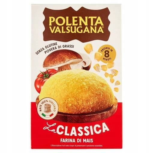 Włoska Mąka Polenta Valsugana Classica wytwarzana jest w 100% z żółtej mąki kukurydzianej uzyskanej z wyselekcjonowanych ziaren.