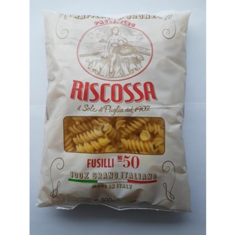 Makaron Riscossa Fusilli (500g) - świderki z semoliny z pszenicy durum, przeciągane przez matrycę z brązu.