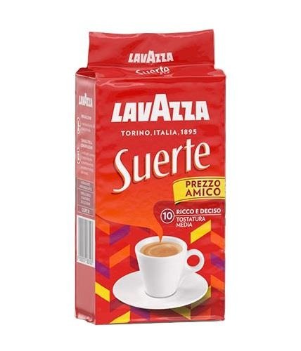 Kawa Lavazza Suerte 250g - mieszanka kilku odmian Robusty (100%). Średnio palona, średnio mielona. Kawa dla lubiących doznania kawowe.
